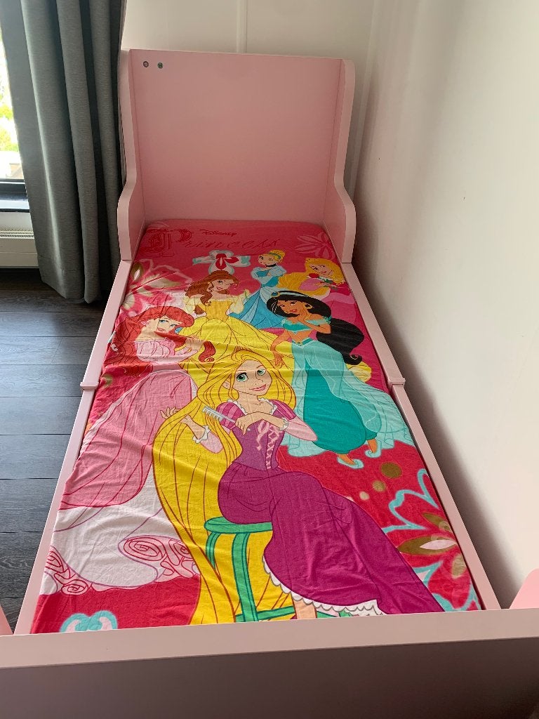 Roze kinderbed met lattenbodem (IKEA busunge), Gebruikt, 70 tot 85 cm, 180 cm of meer, Ophalen