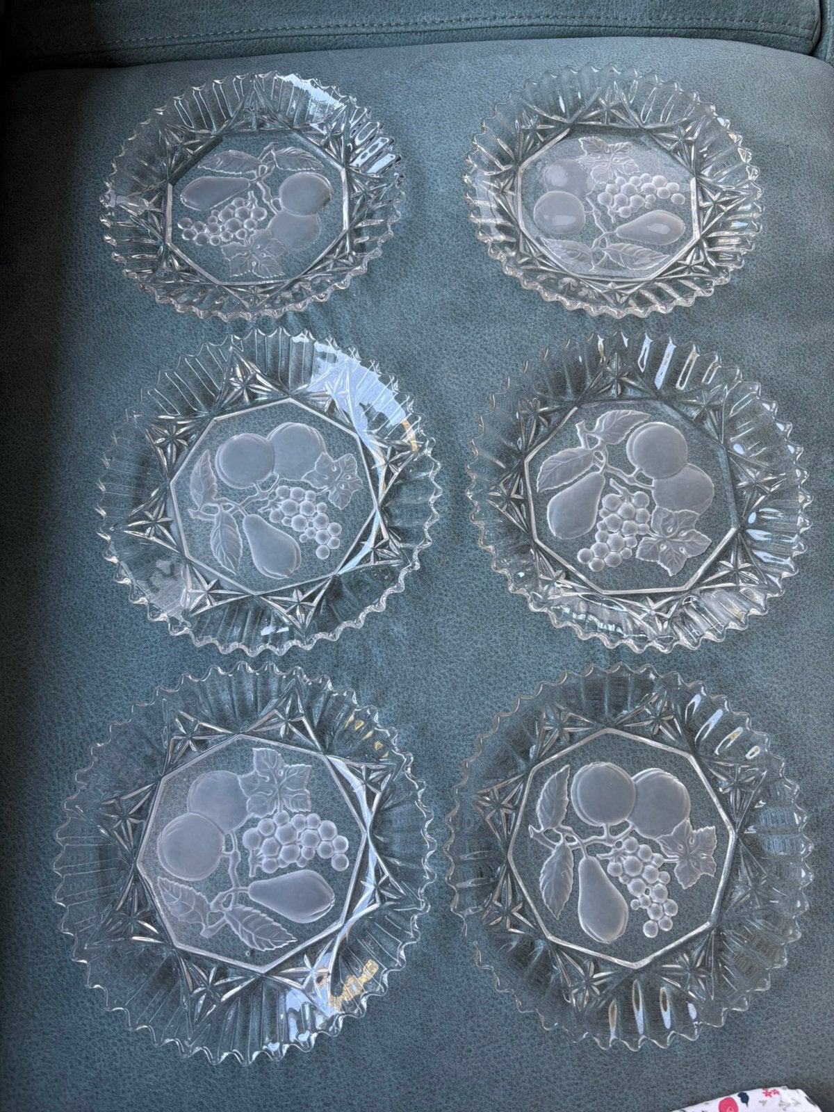 Set 6 vintage glazen bordjes met fruitdecor, Huis en Inrichting, Ophalen of Verzenden, Zo goed als nieuw, Glas