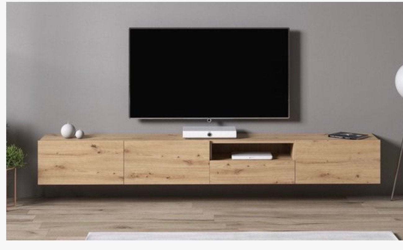 Zwevend TV-meubel Eikenhout met Opbergruimte, Ophalen, Eikenhout, Zo goed als nieuw, 200 cm of meer