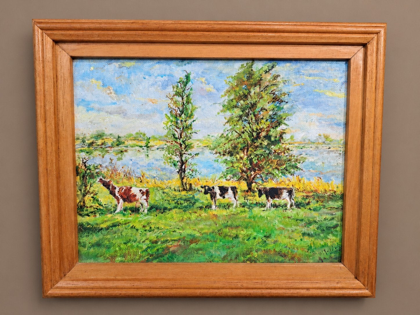 Hollands Landschap met Koeien aan het Water - Gesigneerd, Doek, Realistisch, Ophalen of Verzenden, Landschap