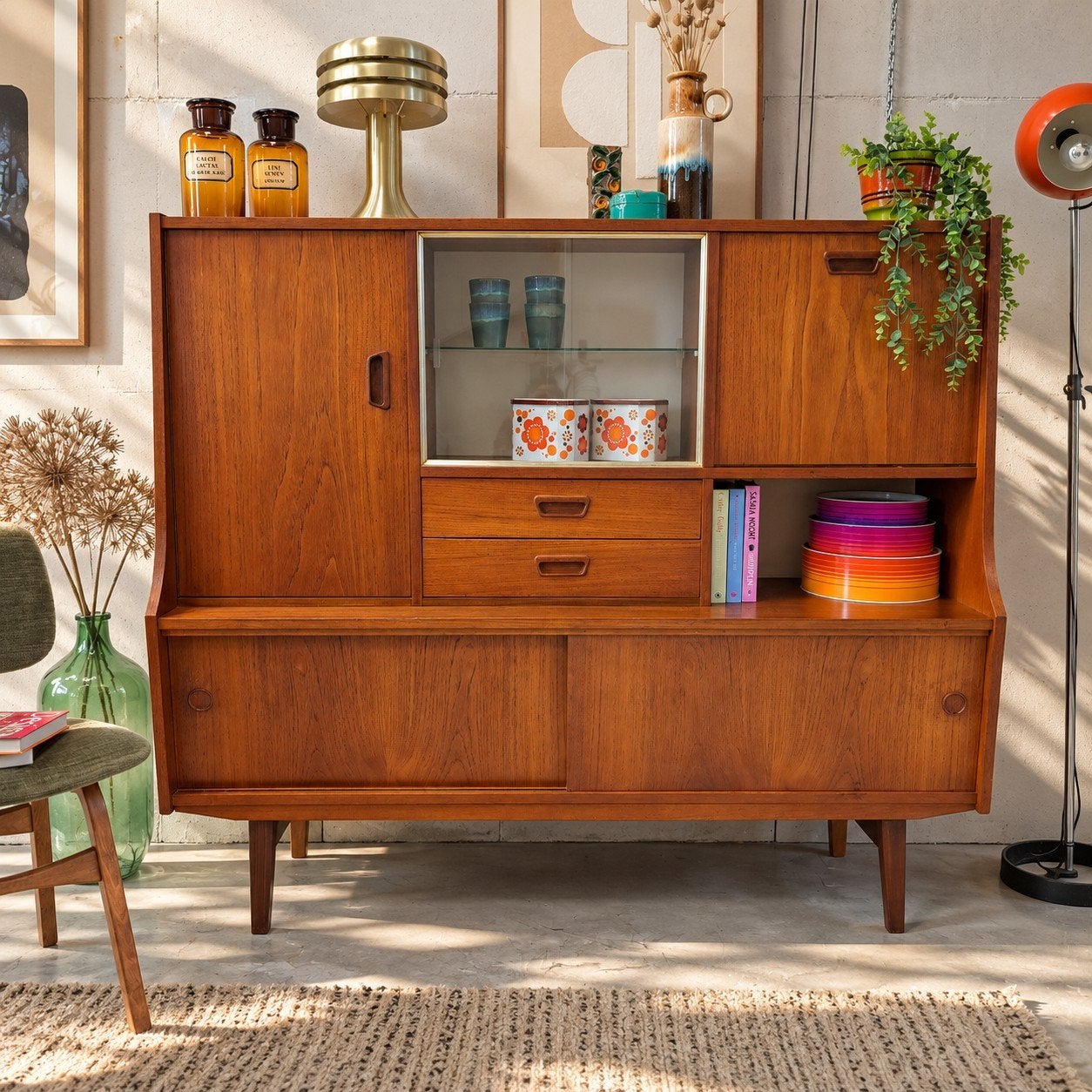 💜Vintage Midcentury Teak Dressoir met Vitrine, jaren'60., 100 tot 150 cm, Verzenden, Zo goed als nieuw, Teakhout