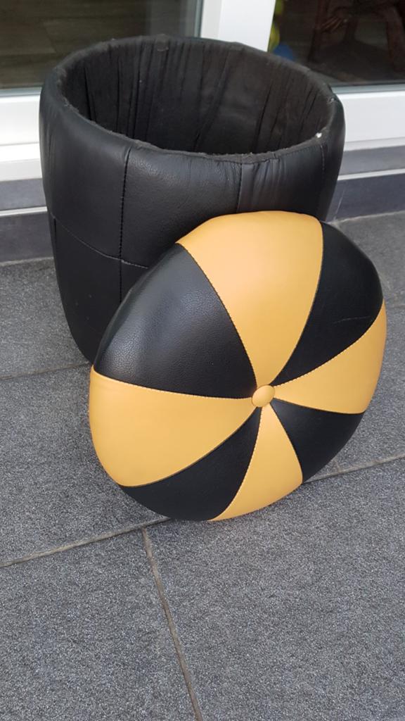 Vintage poef zwart/geel leer, Minder dan 50 cm, Rond, Ophalen of Verzenden, N.v.t