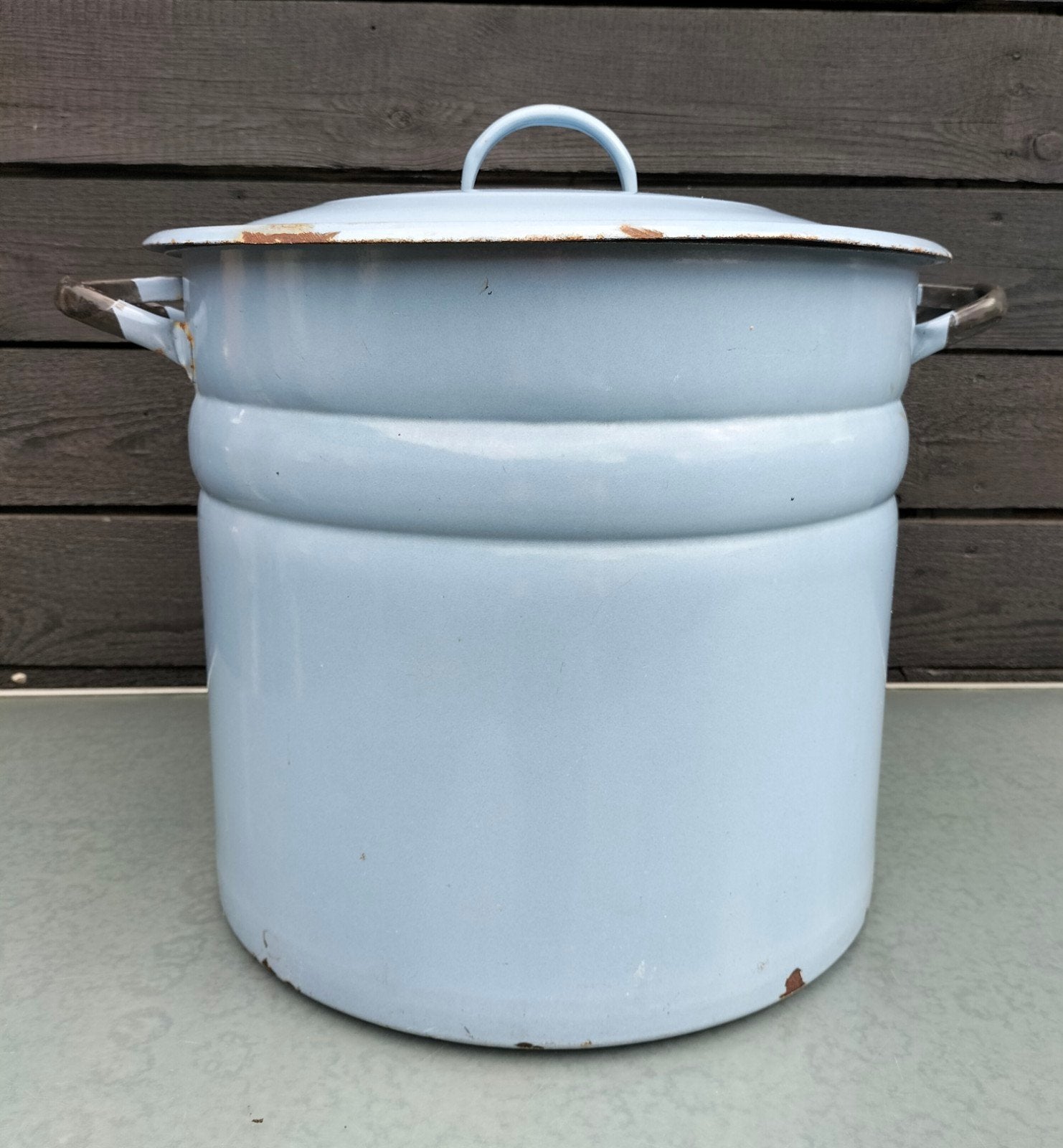 Grote vintage emaille pan met deksel - lichtblauw, Antiek en Kunst, Antiek | Emaille, Ophalen