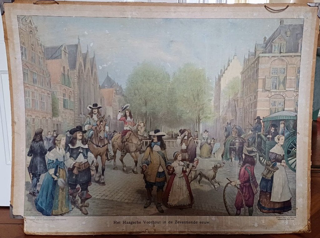 Het Haagse Voorhout in de 17e eeuw / J. de Wetstein Pfister, Antiek en Kunst, Antiek | Schoolplaten, Ophalen of Verzenden, Geschiedenis