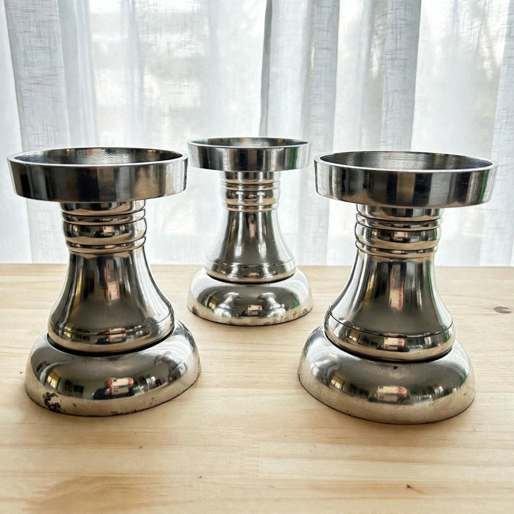 Set van 3 Vintage Chroom Pilaar Kandelaars -  70s, Huis en Inrichting, Gebruikt, Overige merken, Ophalen of Verzenden, Metaal