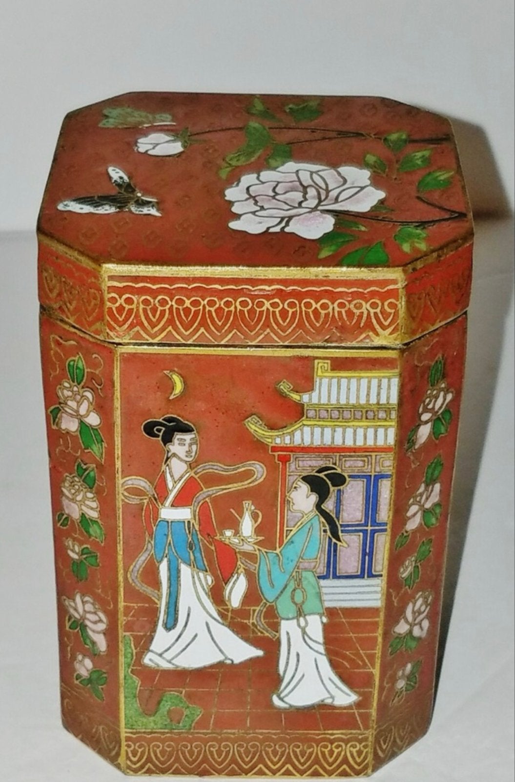 Antieke Chinese Cloisonné Theebus met Figuren en Bloemen, Ophalen of Verzenden