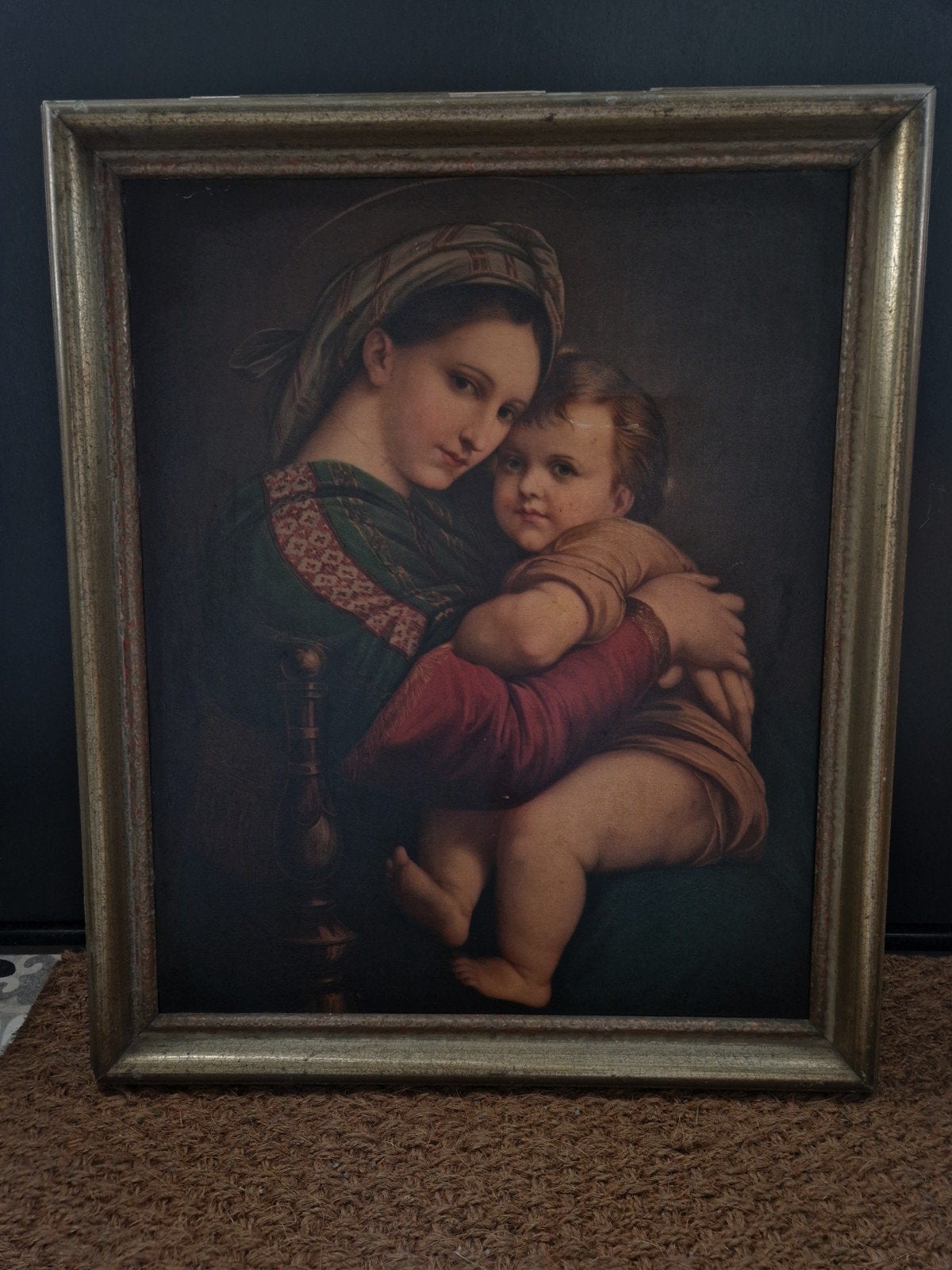 Brocante  Schilderij Madonna met kind van Rafael, Ophalen of Verzenden