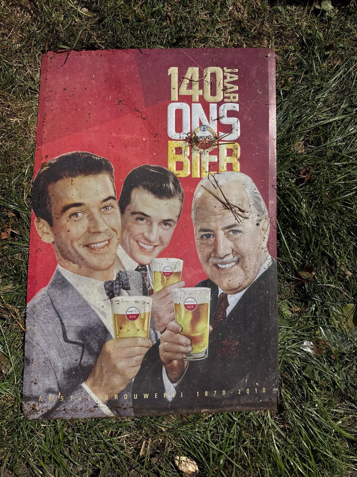 Vintage Amstel Bier Reclamebord - 140 Jaar Ons Bier, Ophalen, Gebruikt, Reclamebord