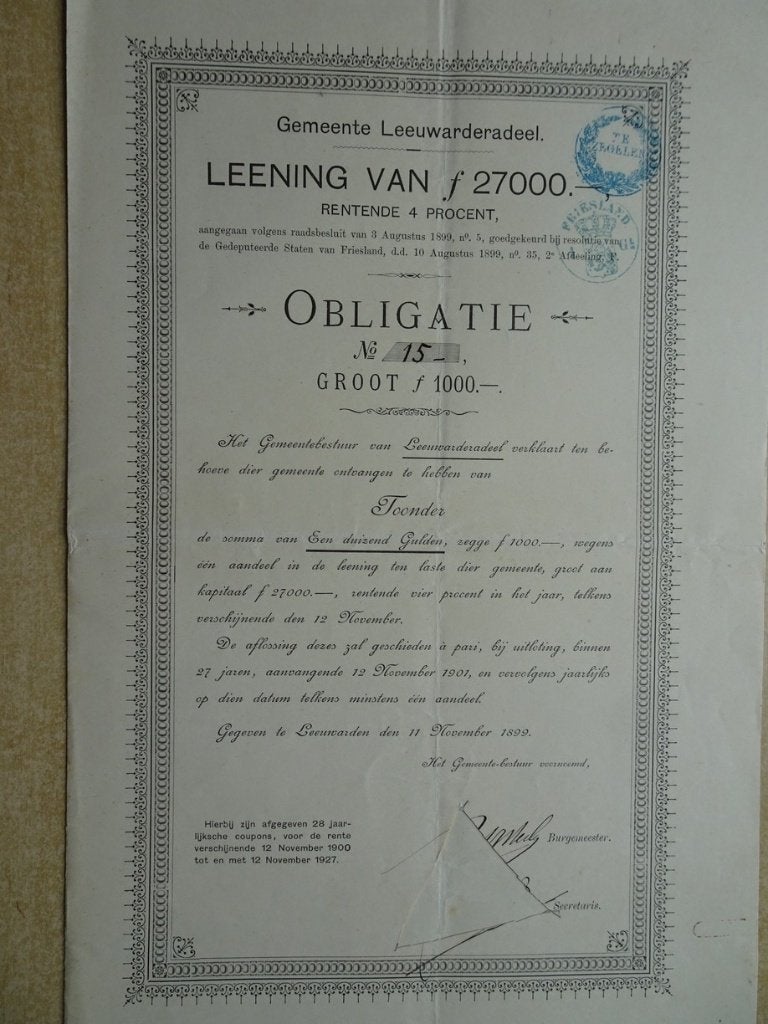 Obligatie Gemeente Leeuwarderadeel 1899, Ophalen of Verzenden, Voor 1920, Obligatie of Lening
