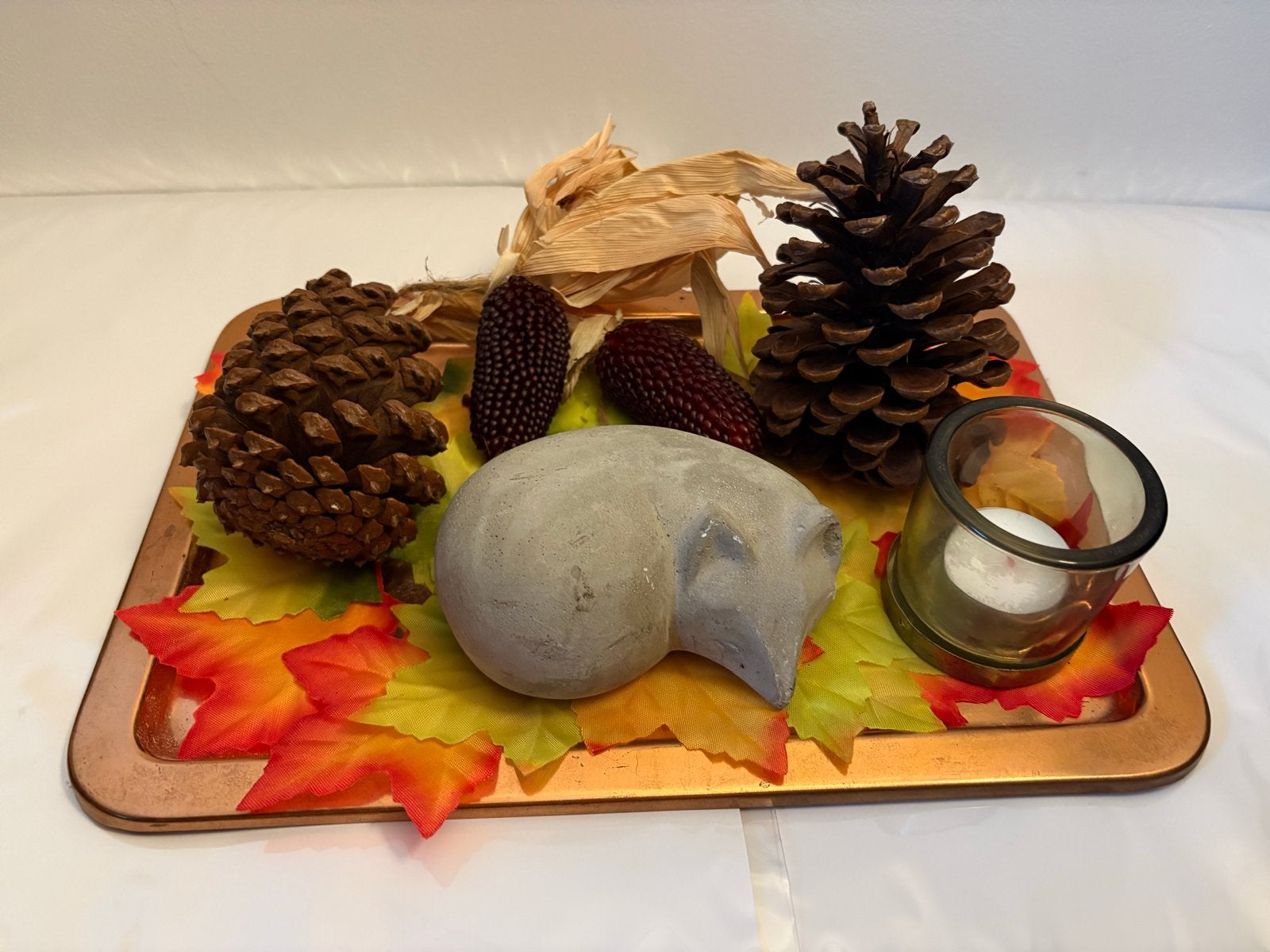 Herfstdecoratie set met dennenappels en theelichtje, Meerkleurig, Ophalen of Verzenden, Natuurlijk materiaal, Landelijk