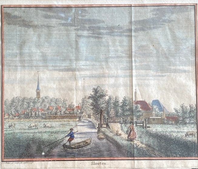 Ets, ingekleurd, gezicht op Sloten door J.C. Philips, 1736, Ets, Stadsgezicht, Ophalen of Verzenden, Gesigneerd