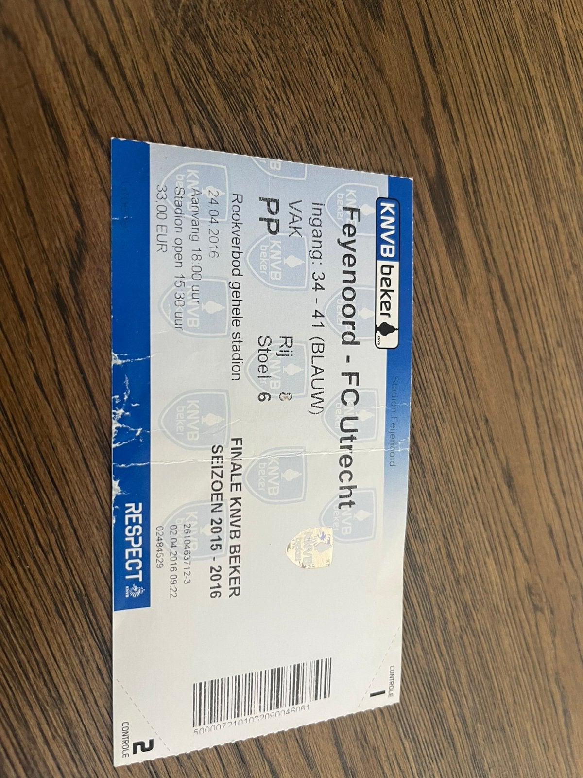TICKET FEYENOORD-FC UTRECHT BEKERFINALE 2016, Verzamelen, Ophalen of Verzenden, Zo goed als nieuw, Feyenoord, Overige typen