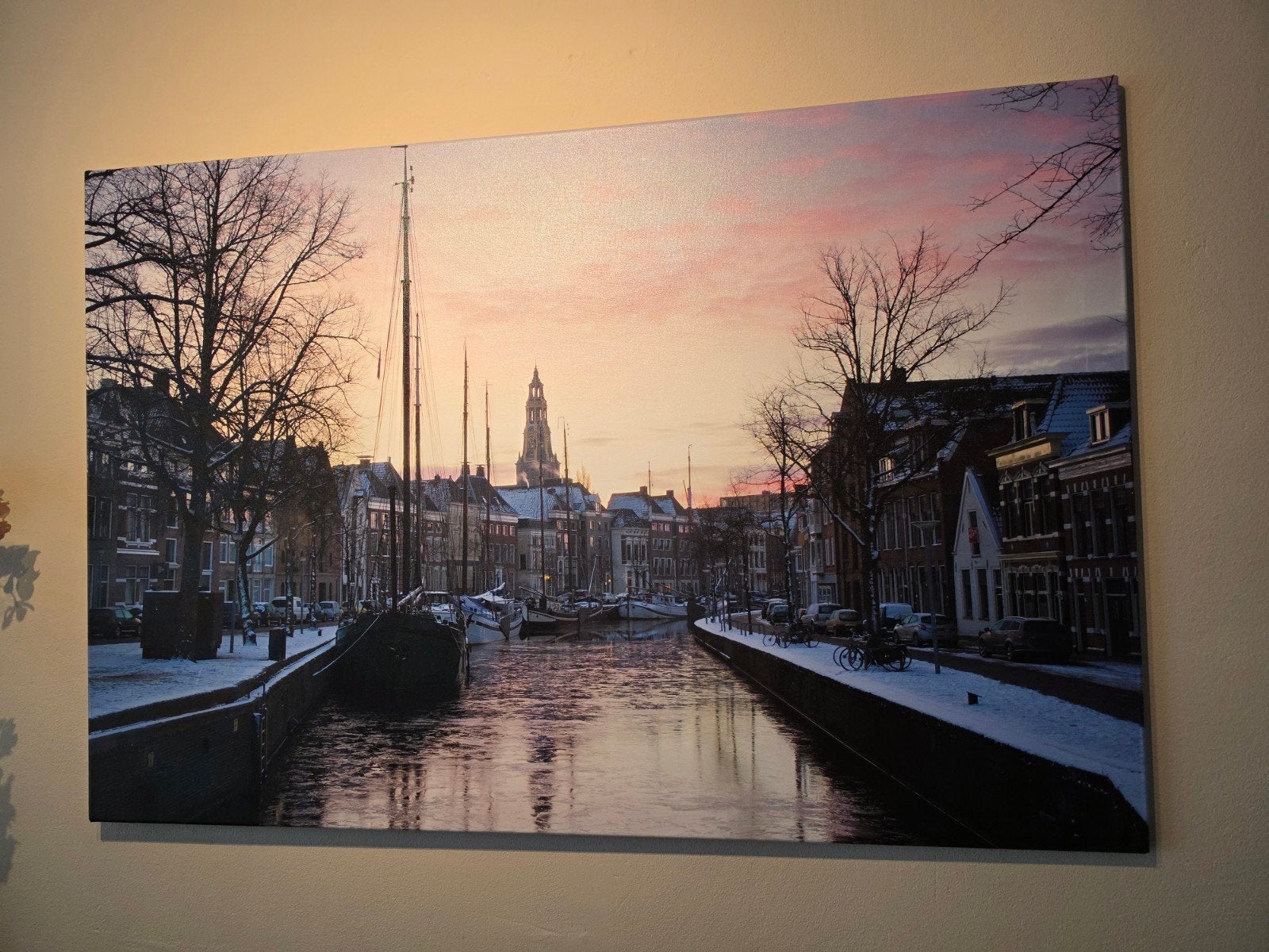 Wintergezicht op De Hoge der A in Groningen, Ophalen, Zo goed als nieuw, Schilderij, 100 tot 125 cm