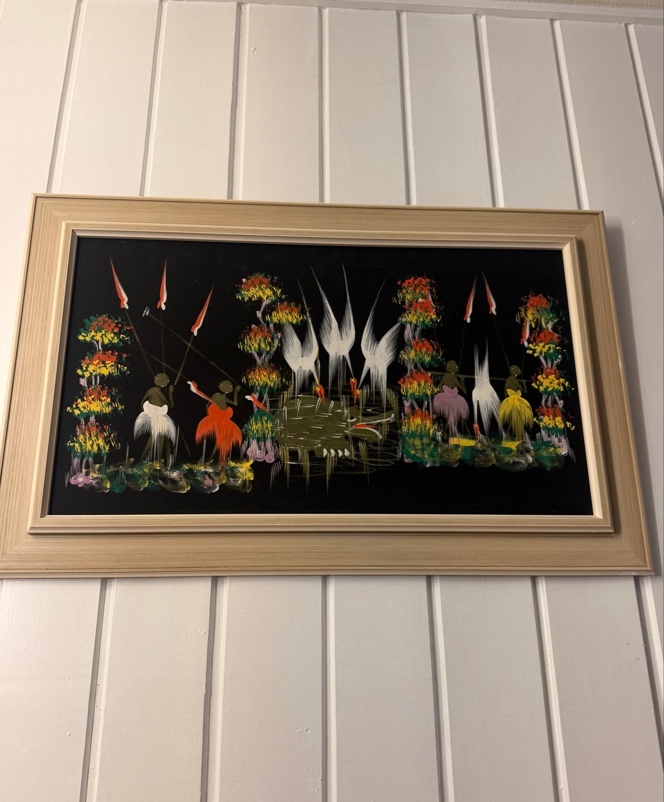 Vintage Afrikaans schilderij met mensen en dieren, Ophalen of Verzenden