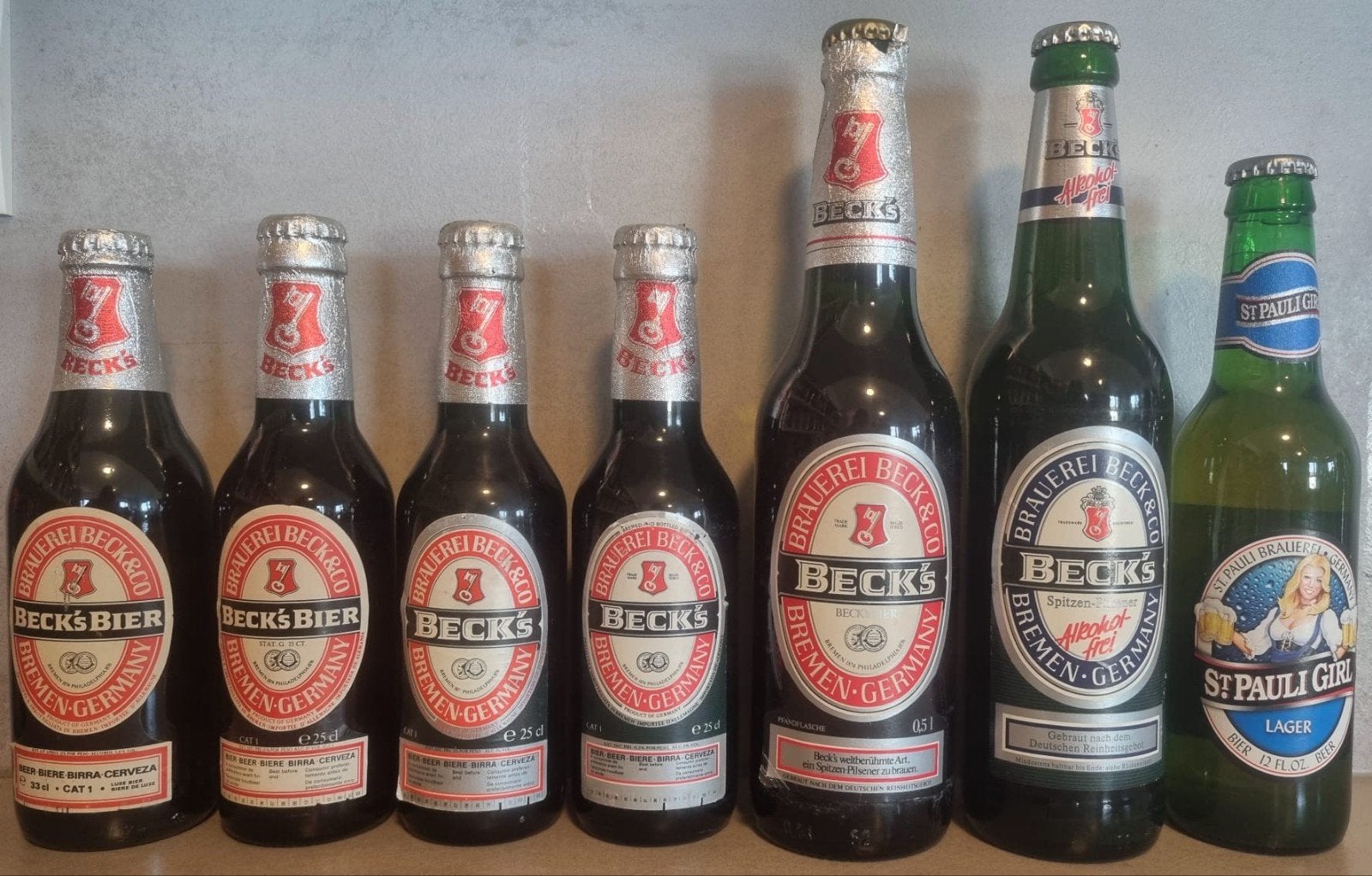 7x Bremen: 6x Beck’s <'87-'96 + 1x St. Pauli '11, Verzamelen, Ophalen of Verzenden, Zo goed als nieuw, Flesje(s), Overige merken