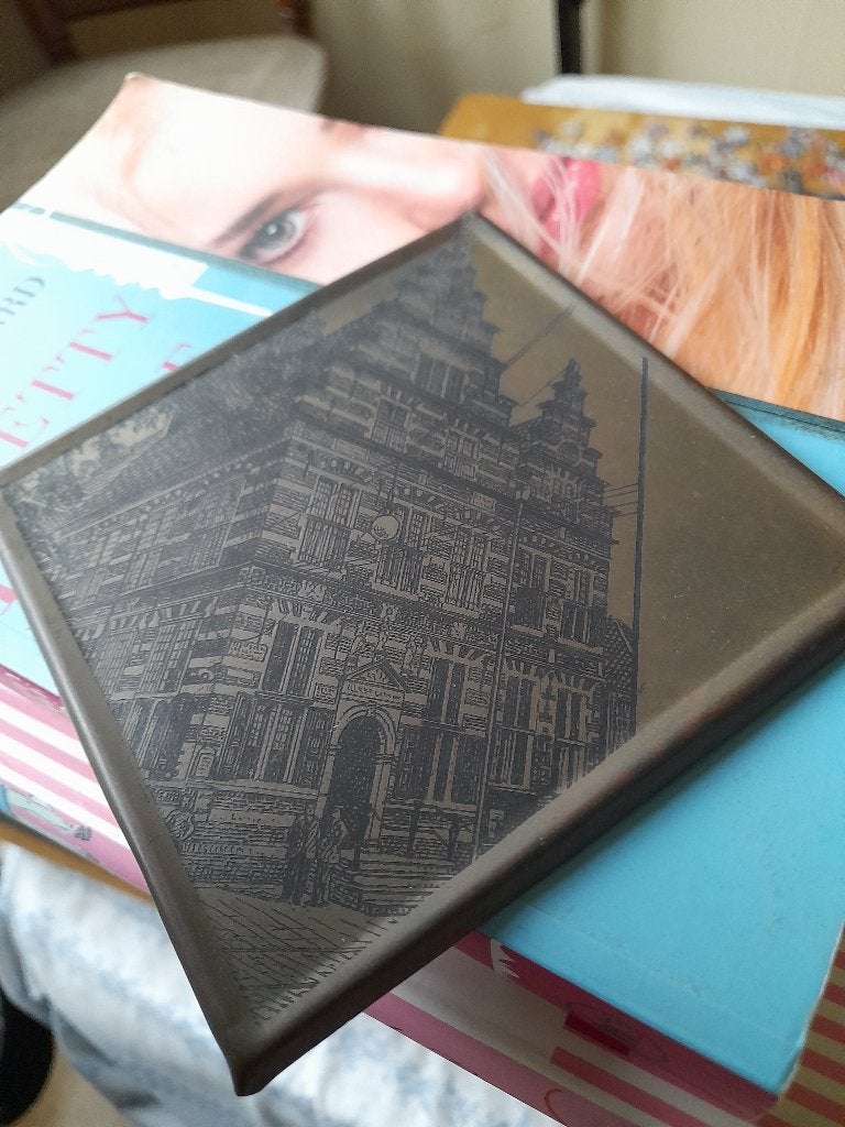 Vintage koperen wanddecoratie met gebouwafbeelding, Ophalen