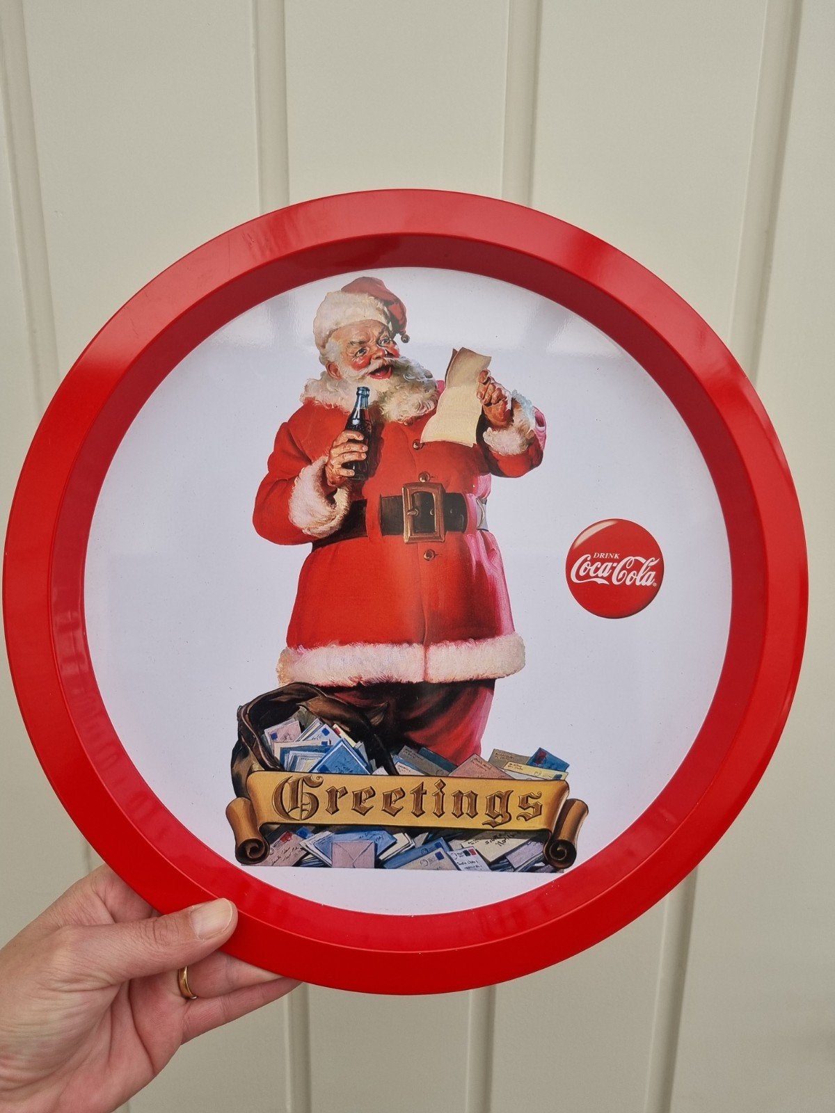 Coca-Cola Dienblad - Kerstman met Flesje en 'Greetings', Ophalen of Verzenden, Gebruikt