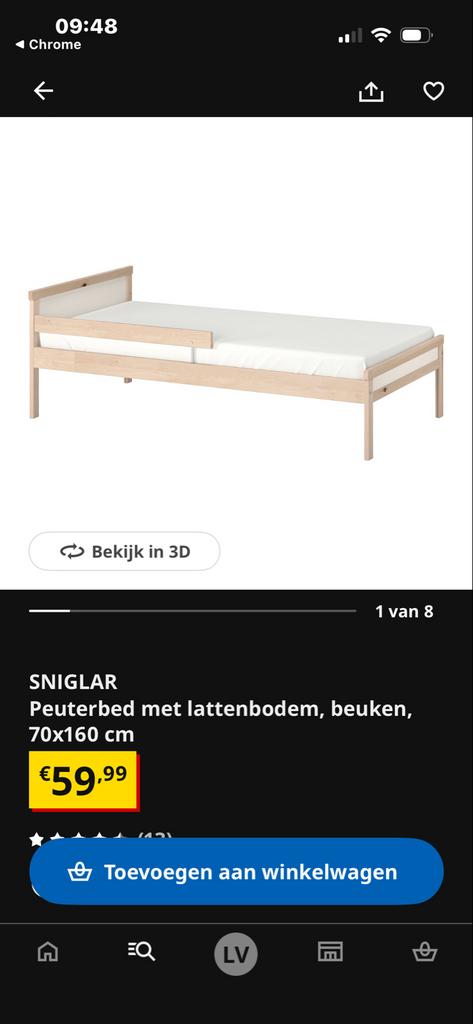 2x SNIGLAR Peuterbed compleet 70x160 cm, Ophalen, Gebruikt, 70 tot 85 cm, Lattenbodem
