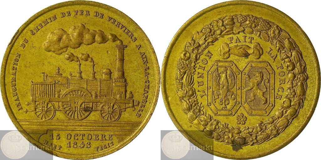 België - Historiepenning 1843 'Opening van de spoorweg', Ophalen of Verzenden, Overige materialen, Buitenland