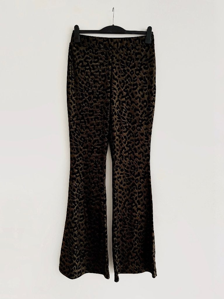 Flared broek gouden lurex panter print legging kerst XL / 42, Zwart, Maat 42/44 (L), Ophalen of Verzenden, Zo goed als nieuw