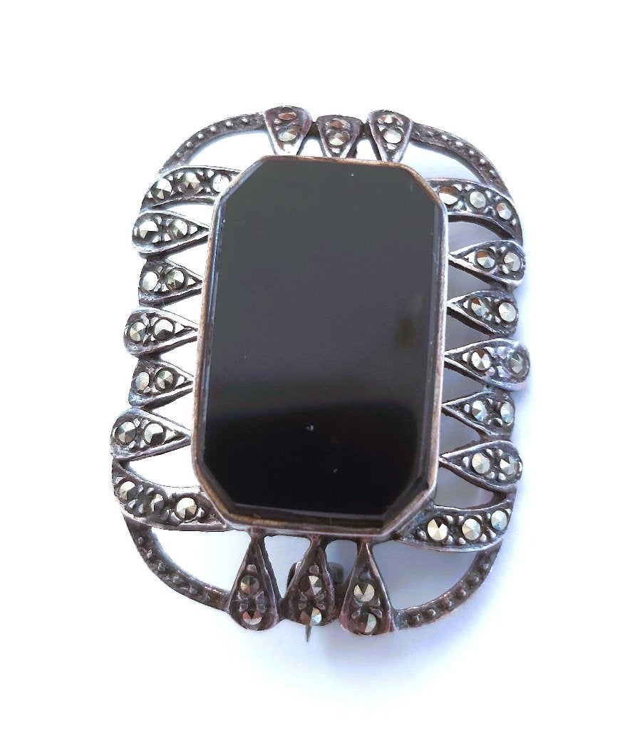 zilveren broche met onyx steen, Minder dan 4 cm, Ophalen of Verzenden, Zo goed als nieuw, Zilver