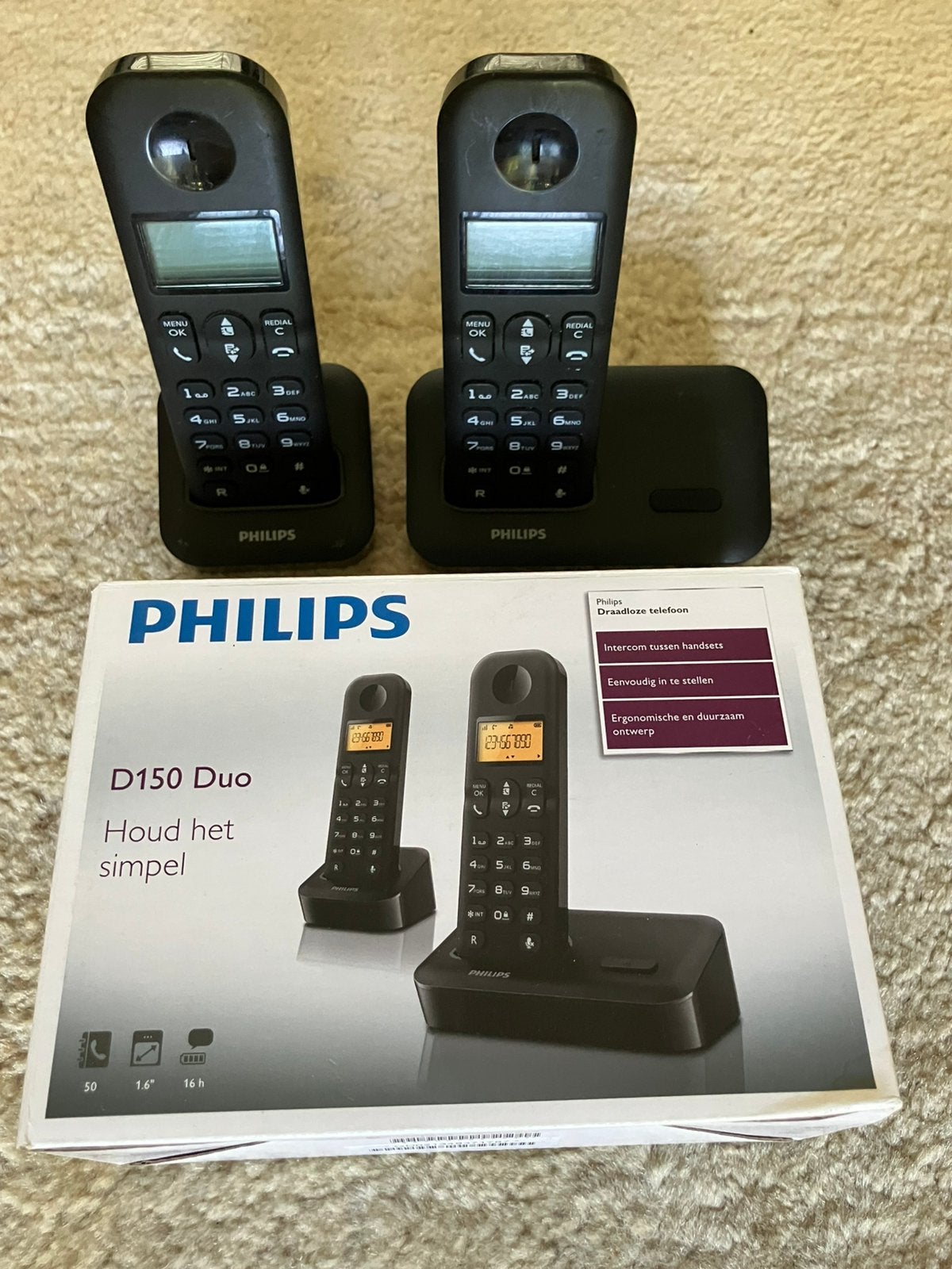 PHILIPS - 2 stuks draadloze telefoons - DUO D150 -, Telecommunicatie, Ophalen of Verzenden, Zo goed als nieuw, 2 handsets