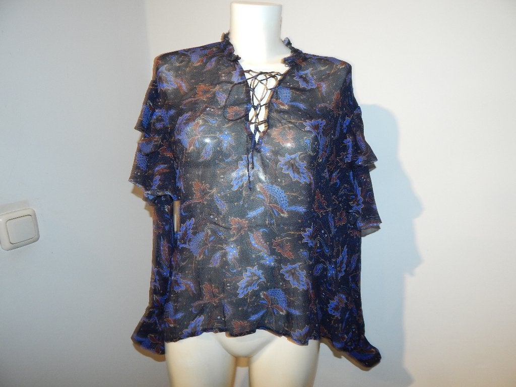 Berenice blauwe voile blouse top mooie print koort hals 40