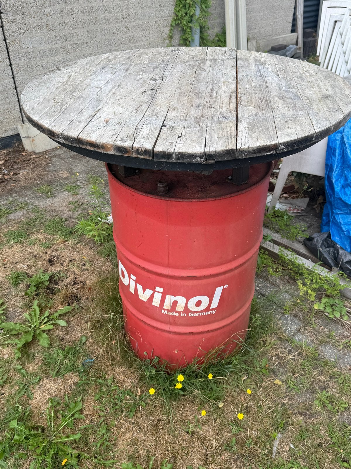 Statafel van olievat en houten blad, Ophalen, Gebruikt