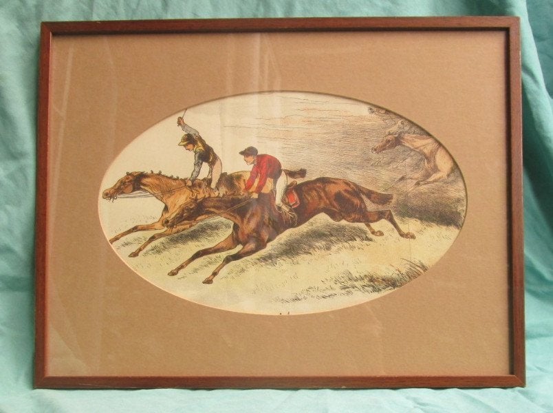 Litho van ca. 1880 - Paarden race, Antiek en Kunst, Dagelijks leven, Ingelijst, 1800 - 1899, 42 cm