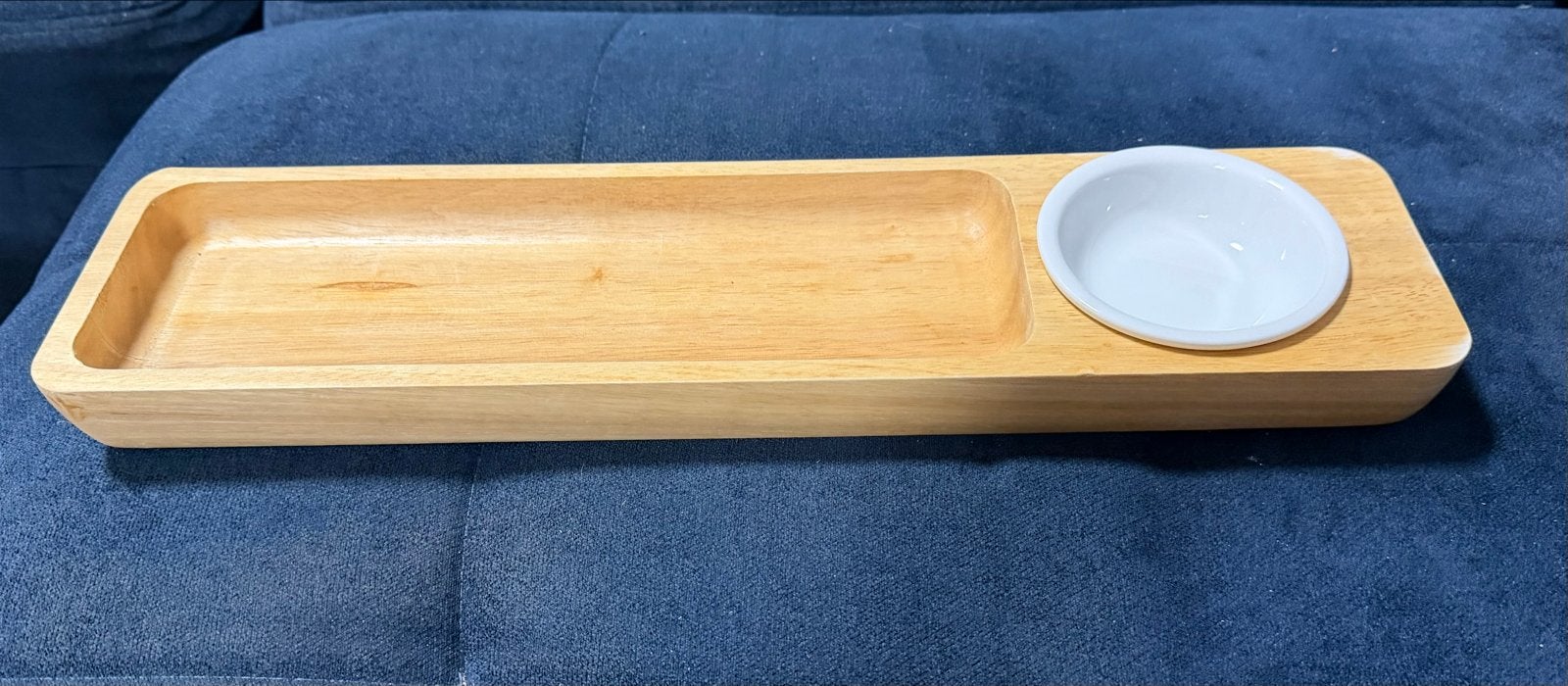 Houten serveerplank met porseleinen schaaltje, Ophalen of Verzenden, Zo goed als nieuw, Rechthoekig, Hout