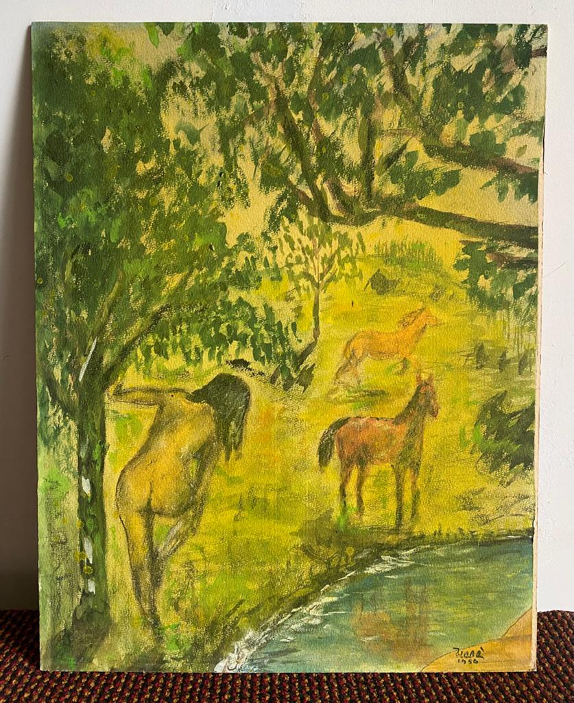 Landschap met naakte vrouw en paarden, 1956, Antiek en Kunst, Kunst | Schilderijen | Klassiek, Ophalen of Verzenden