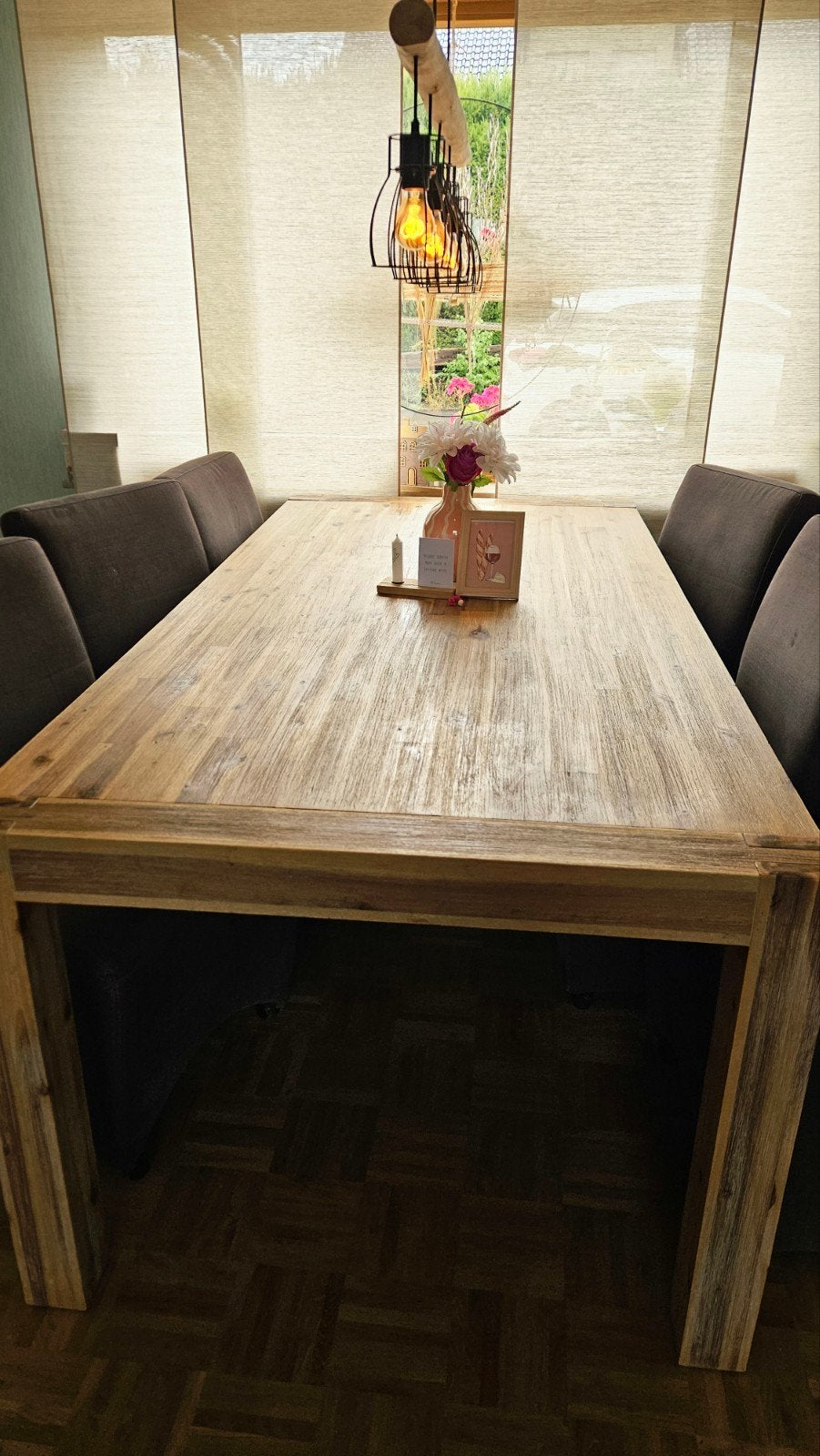 Mooie, robuuste houten eettafel met 6 stoelen, Ophalen, Gebruikt, 100 tot 150 cm, Landelijk, Robuust
