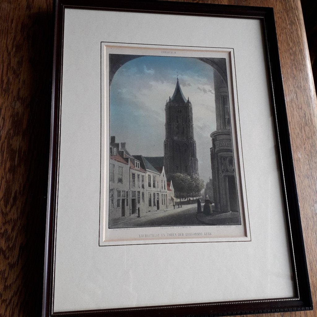 Gorinchem: Kruisstraat + Toren Hervormde Kerk 1860? / Binger, Gebruikt, Ophalen of Verzenden, Voor 1940, Prent