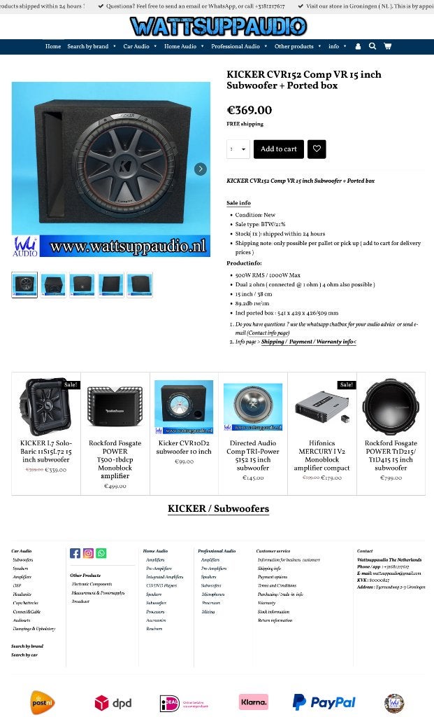 KICKER CVR152 Comp VR 15 inch Subwoofer + Gepoorte kist, Auto diversen, Autospeakers, Audio Design, Nieuw, Am Breilingsweg 3, 76709 Kronau, Duitsland