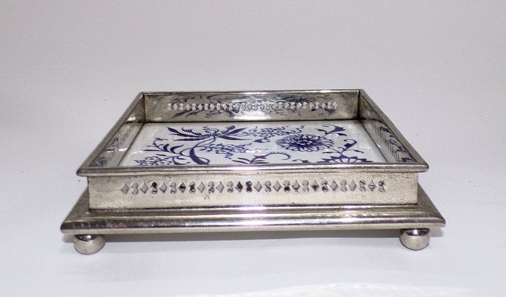 Art deco / art nouveau plateel dienblad met nikkelen rand., Ophalen of Verzenden