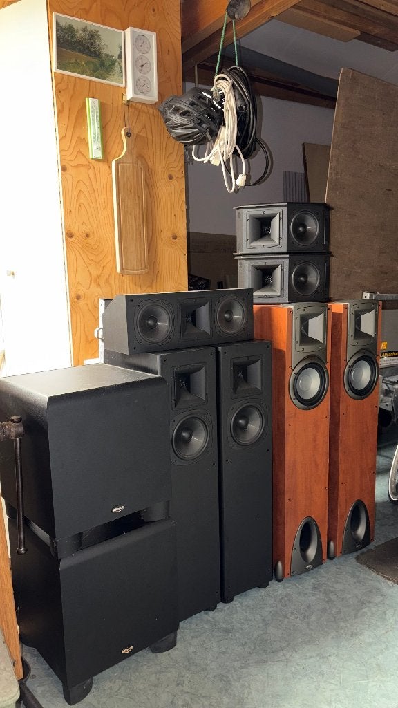 Klipsch speakerset 9-delig – F1, SF1, SC1, SS1 en 2 subs, Ophalen, Gebruikt, Speakerset, Overige merken