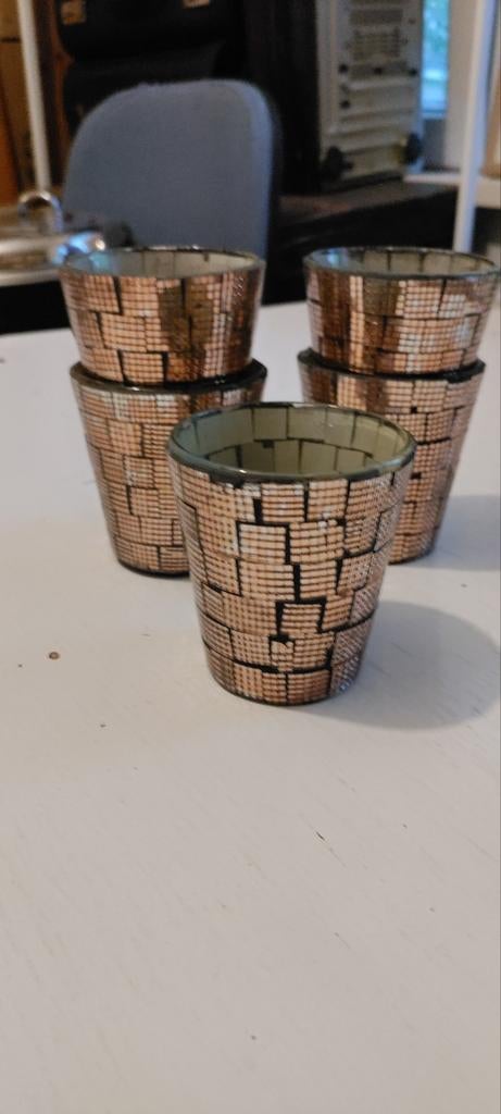 Set van 6 mozaïek theelichtjes/waxinelichthouders, Ophalen of Verzenden, Zo goed als nieuw, Meerkleurig, Glas
