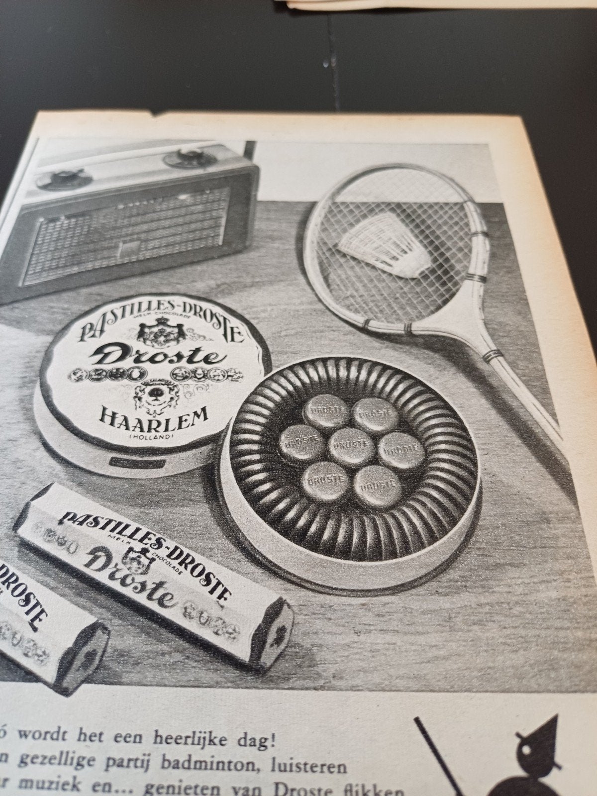 advertentie van Droste pastilles badminton 1959, Verzamelen, Merken en Reclamevoorwerpen, Ophalen of Verzenden, Zo goed als nieuw
