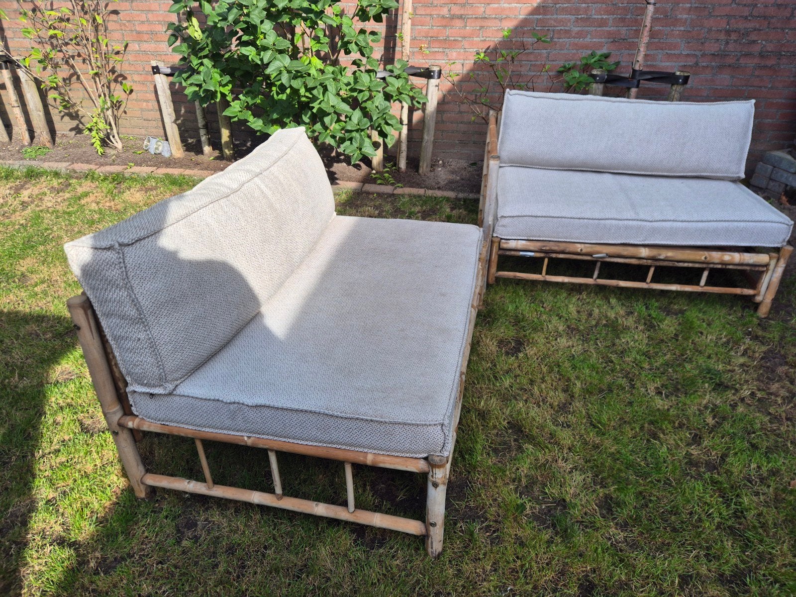 Bamboe loungeset met kussens - 2-zits banken, Tuin en Terras, Tuinsets en Loungesets, Ophalen, Gebruikt, Loungeset, Bank