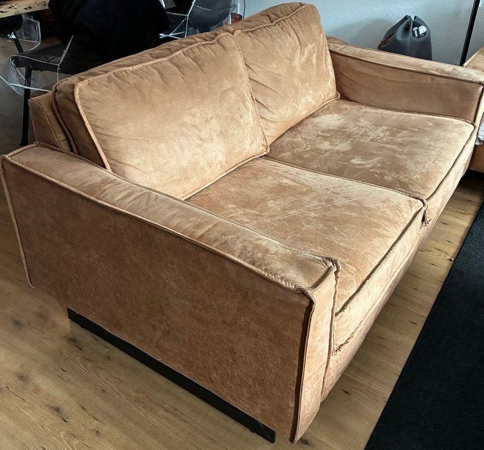 Mooie 2-zitsbank in warme zandkleur – 165 cm breed, Ophalen, Gebruikt, 150 tot 200 cm, Tweepersoons