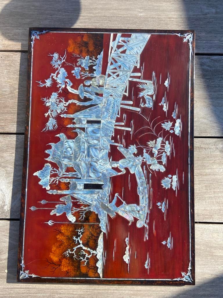 Vietnamees lakpaneel met parelmoer inleg - Japanse Brug Hoi, Antiek en Kunst, Ophalen