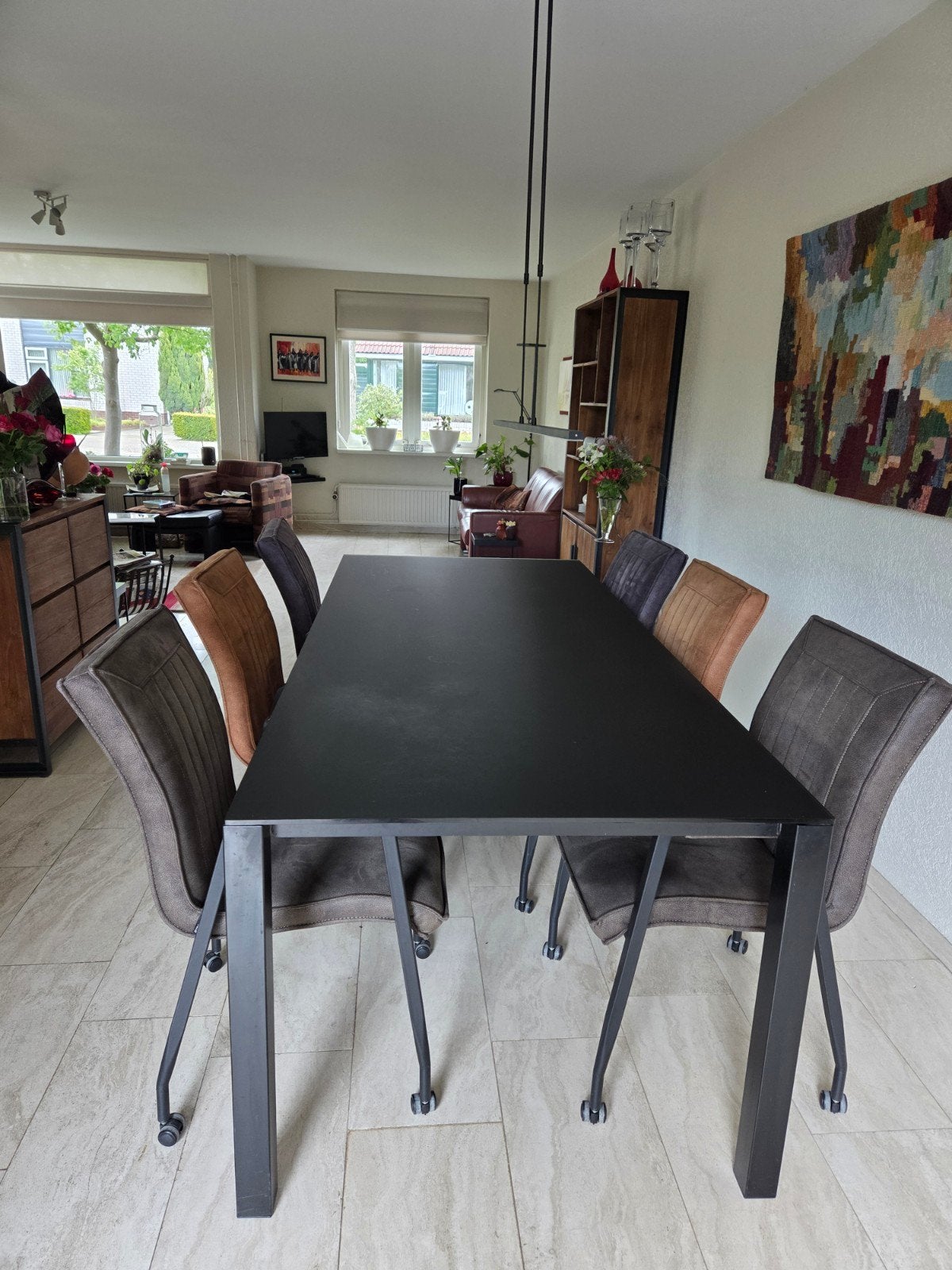 Harvink design tafel, stalen onderstel en mat glas tafelblad, Ophalen, 200 cm of meer, 50 tot 100 cm, Glas