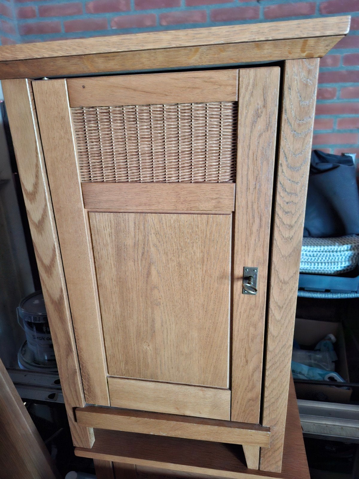 2 nachtkastjes, linnenkast en bedombouw, Huis en Inrichting, Slaapkamer | Bedden, Ophalen, Gebruikt, Bruin, Tweepersoons