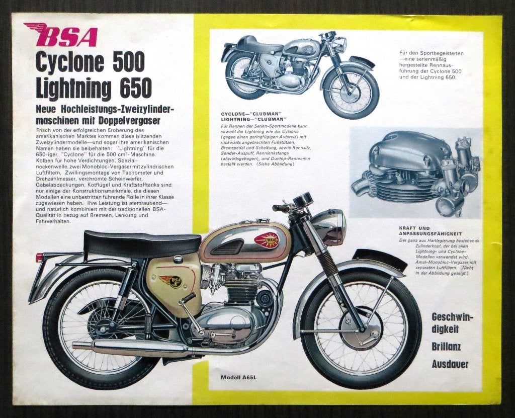 Flyer BSA (o.a. Lightning 650) - 1965 - 2 blz (Duits), Verzenden, Overige merken