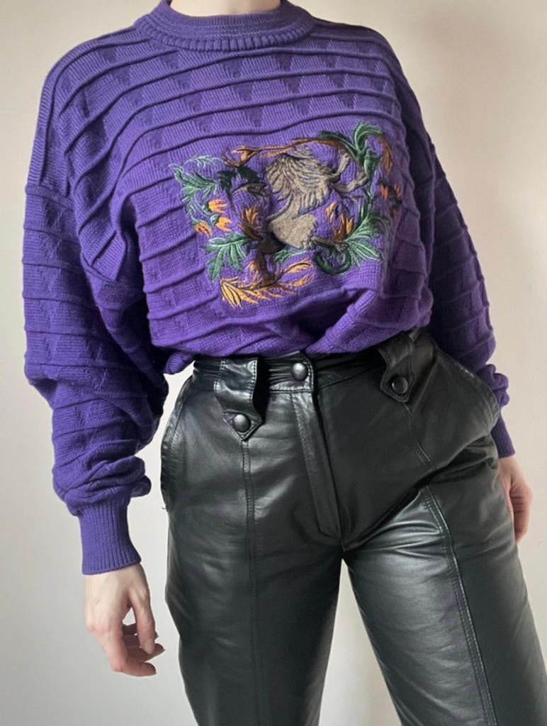 Paarse vintage gebreide trui, M/L. Boho 90s 3D knit leeuw, Maat 38/40 (M), Verzenden, Paars, Vintage