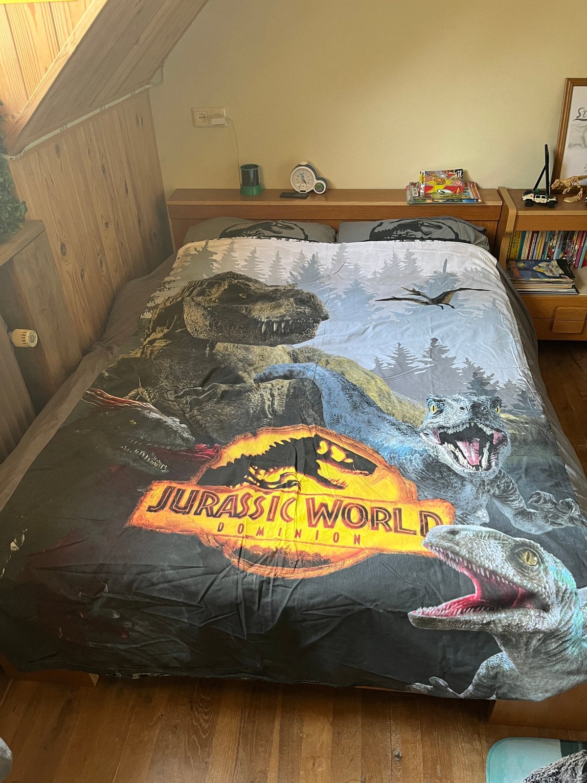 Jurassic World dekbedovertrek 200x200 cm met kussenslopen, Gebruikt, Dekbedovertrek, Ophalen of Verzenden, Twijfelaar