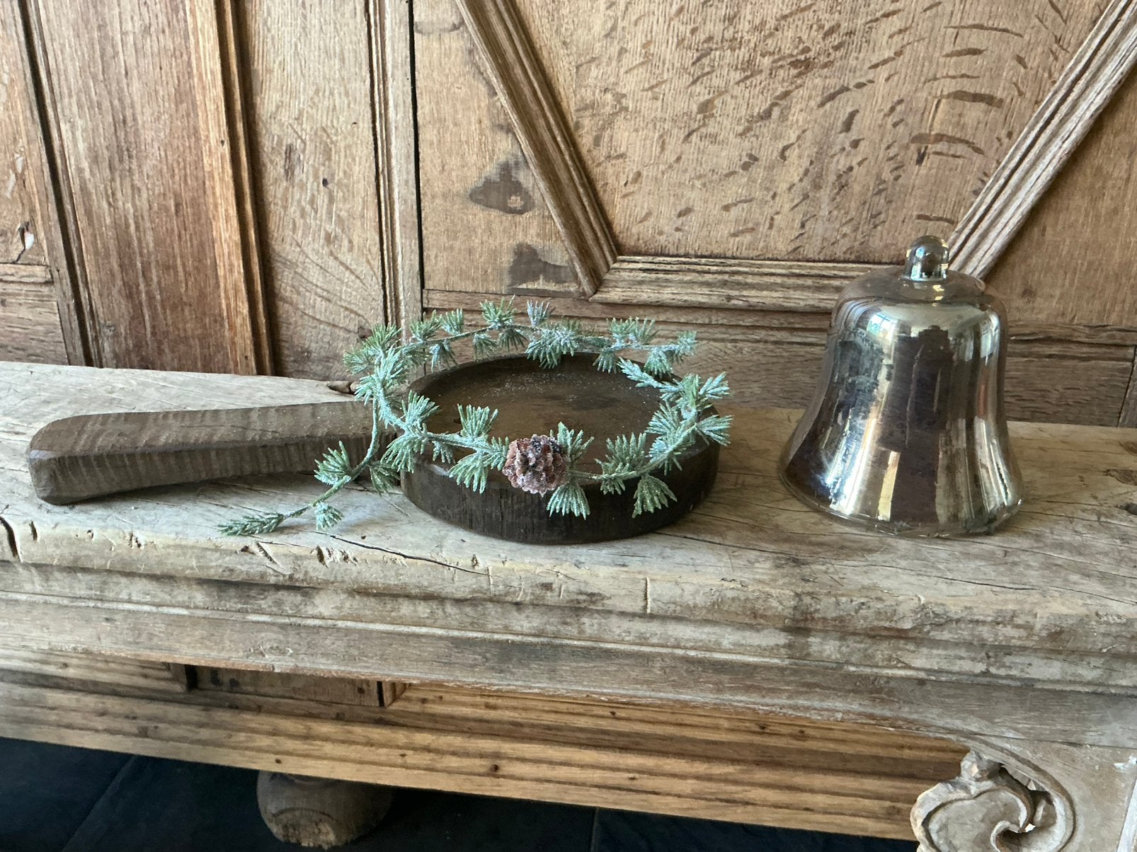 NIEUW houten schep schaal met kunsttak en glazen bel klok, Ophalen of Verzenden, Nieuw