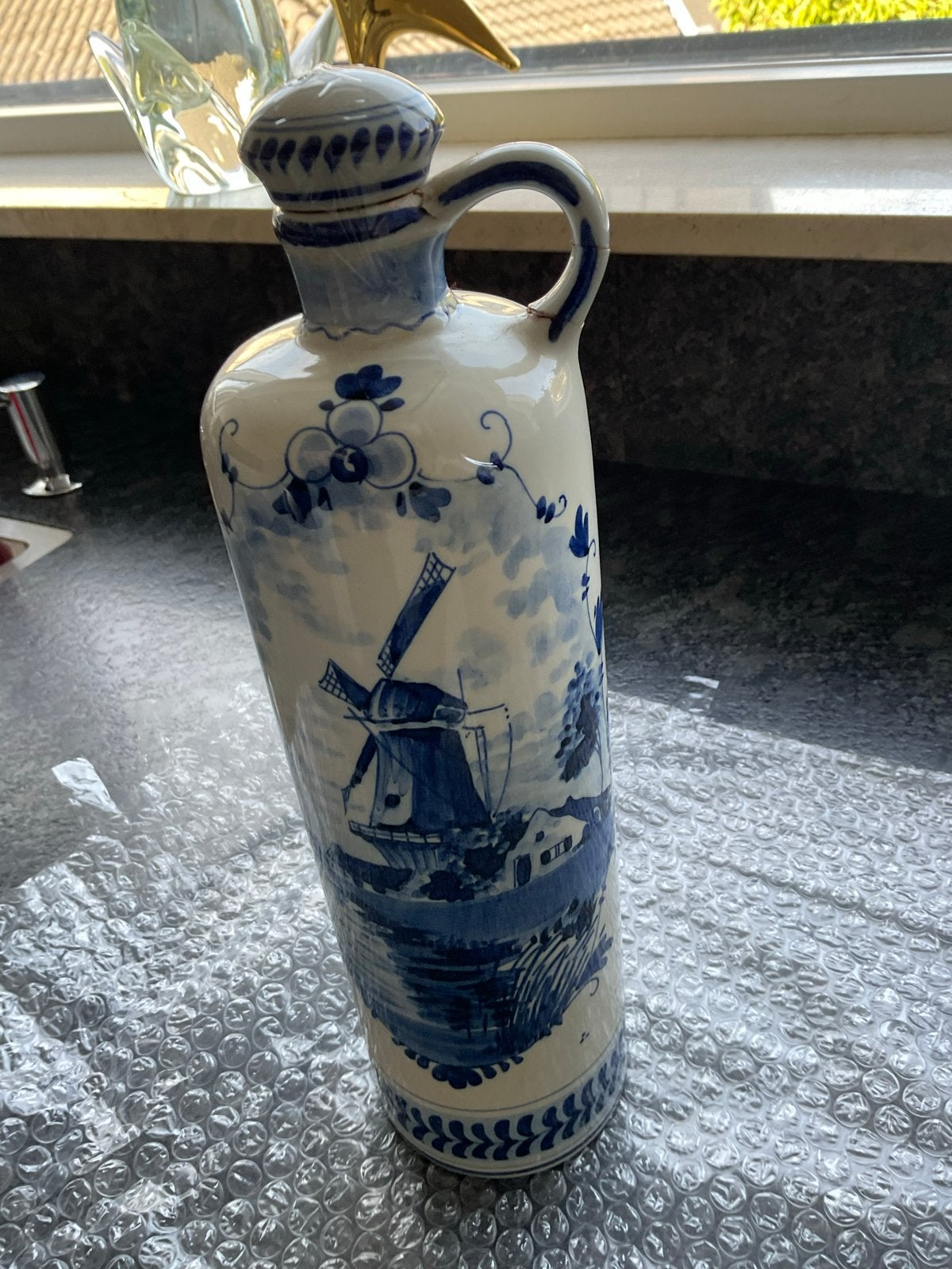 Antieke Bols Delfts Blauwe Jenever Kruik - Molen Decor, Ophalen of Verzenden