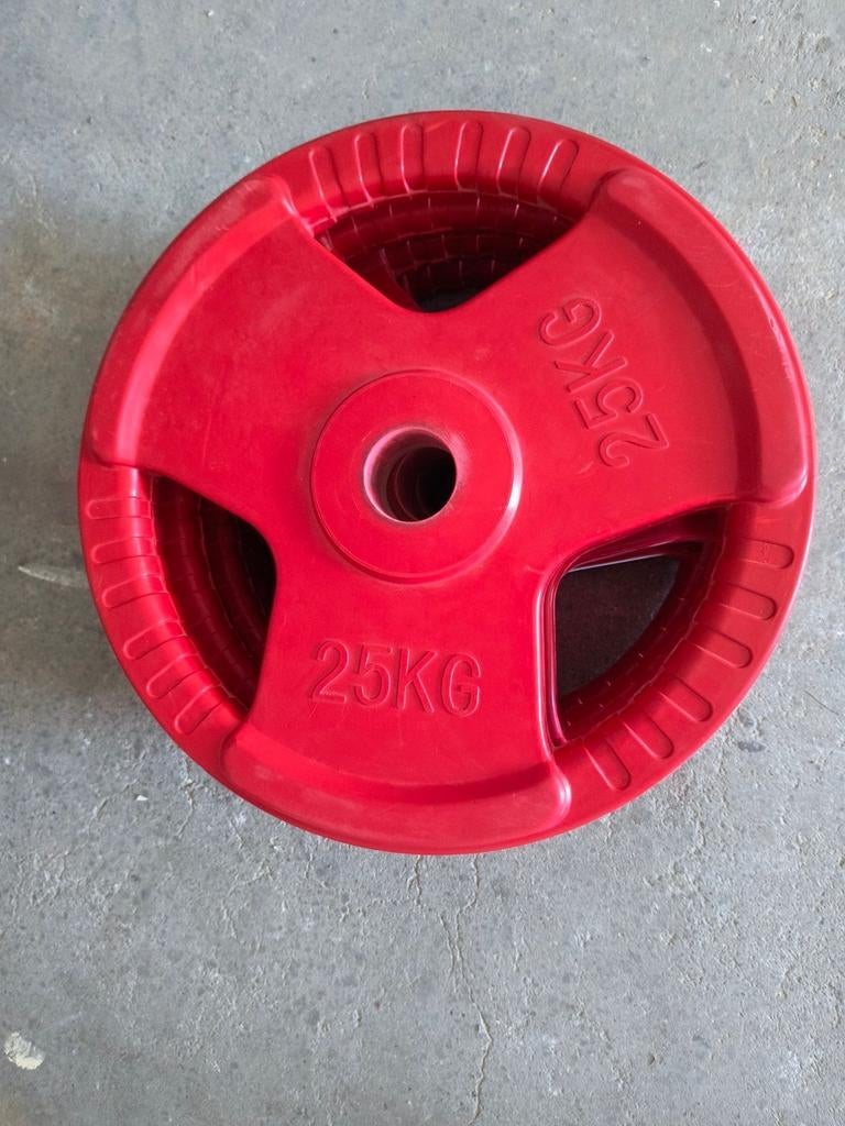 4 Olympische Halterschijven 25 kg - Gietijzer Rubber, Ophalen, Gebruikt, Rug, Halterschijven