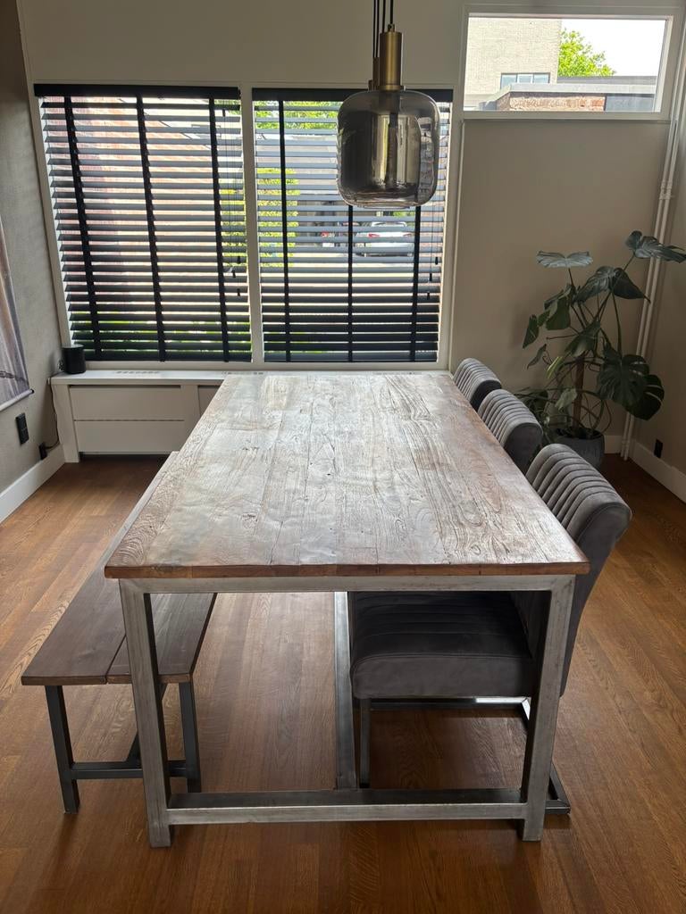 Eettafel met stoelen en bankje | eetkamerset, Ophalen, Gebruikt, 4 tot 6 stoelen